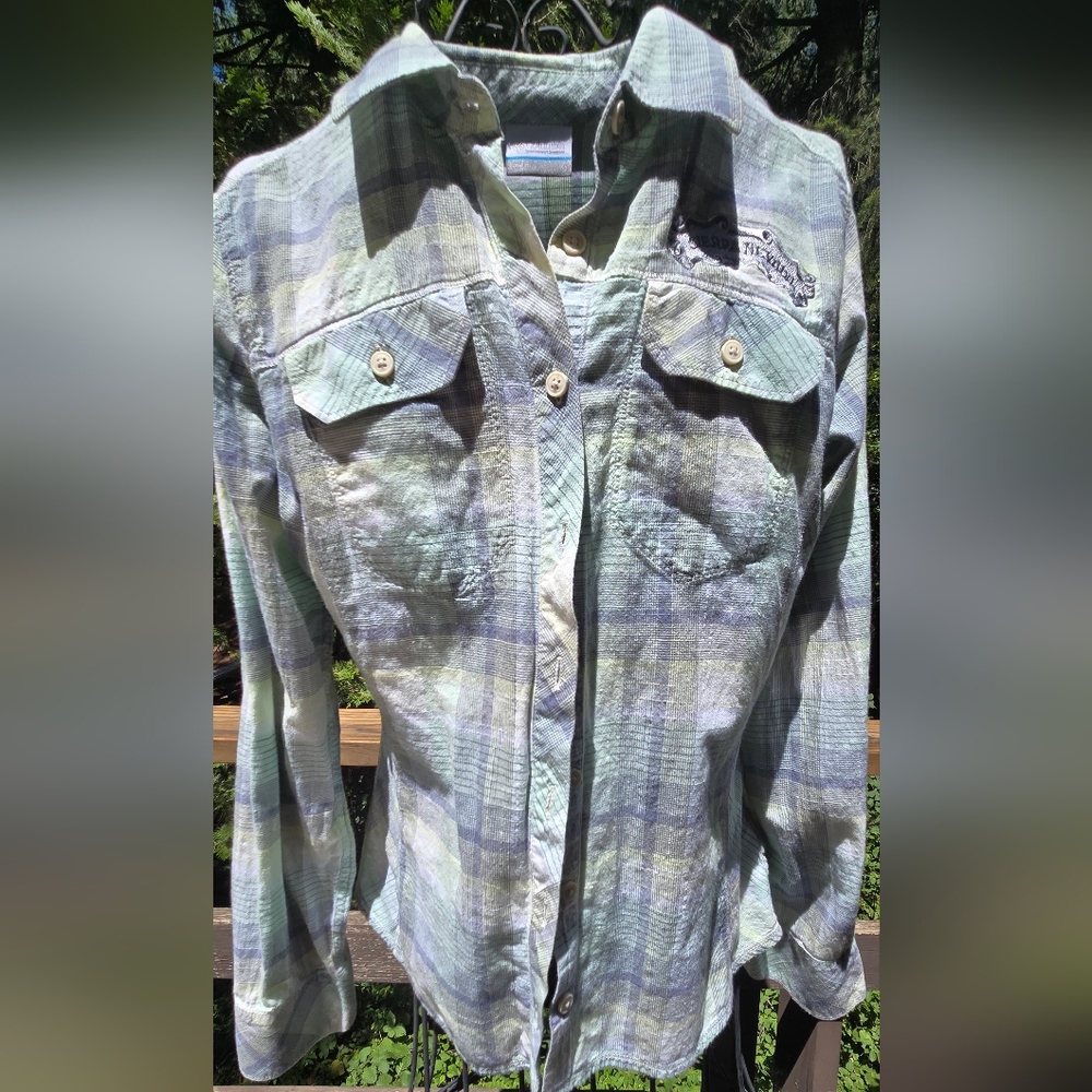 Columbia Mint & Blue Plaid Button-Down Long Sleeve "Sierra Nevada" Shirt SzM - Picture 2 of 10